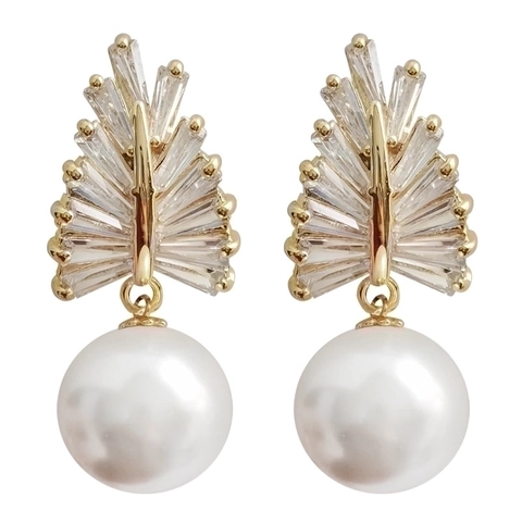 Artificial Baroque Pearl Drop Earrings Copper Zircon Wheat Ear Leaf Dangle Vintage Elegant Women Wedding Jewelry