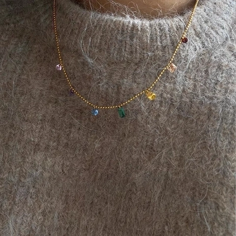 Collar Con Colgante De Circón Colorido Geométrico Cadena De Bolas De Cobre Chapada En Oro Retro Elegante Moda Para Mujer