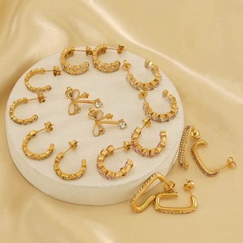 Women Stainless Steel Earrings 18K Gold Plated Zircon Inlay Geometric Heart Bow Snake Shape Fashion Jewelry Luxury Style
