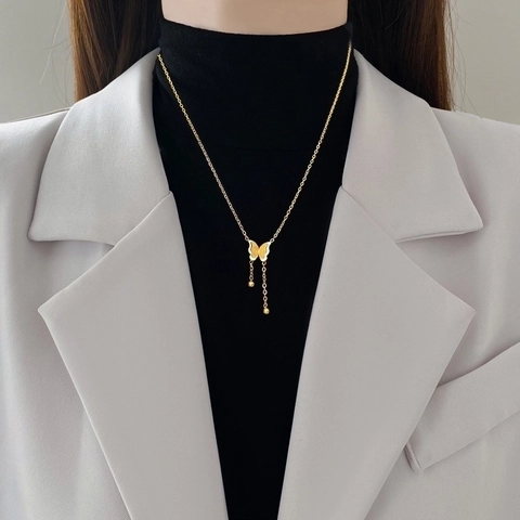 Collar Con Colgante De Mariposa Y Borla Acero De Titanio Minimalista Cadena De Cuentas De Gota Larga Joyas Para Mujer