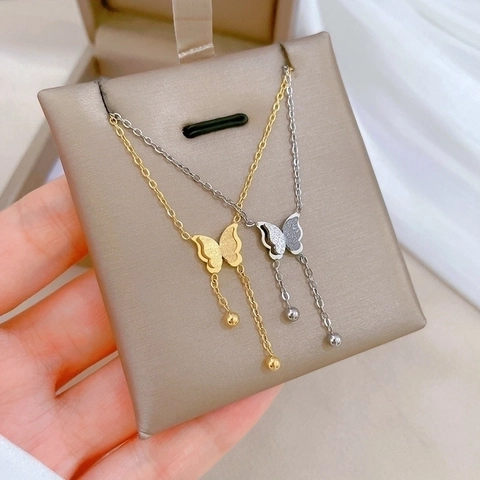 Collar Con Colgante De Mariposa Y Borla Acero De Titanio Minimalista Cadena De Cuentas De Gota Larga Joyas Para Mujer