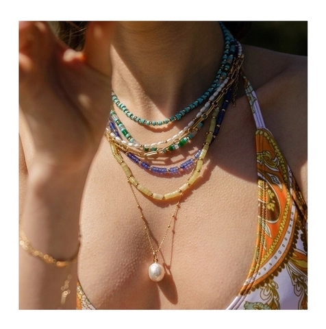 Handmade Natural Stone Beaded Necklace Artificial Baroque Pearl Colorful Bohemian Layered Choker Bracelet Jewelry For Women Men Summer Beach Style