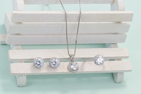 Copper Cubic Zirconia Halo Necklace Stud Earrings Ring Classic Elegant Jewelry Accessories For Women Silver Plated