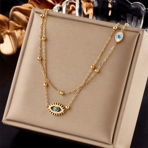 Double Layer Evil Eye Pendant Necklace Stainless Steel Gold Plated Blue Enamel Beaded Chain Jewelry Women Fashion
