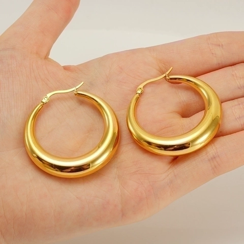 Chunky Hoop Earrings 18K Gold Plated Stainless Steel Hollow Lightweight Geometric U Shaped Oval Croissant Textured Women