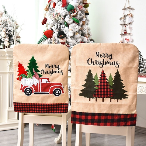 Christmas Chair Back Covers Linen Burlap Buffalo Plaid Trim Embroidery Red Truck Gnomes Poinsettia Festive Dining Decor