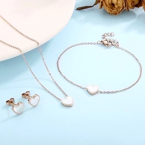 Collar Pulsera Pendientes Corazón Acero Inoxidable Madreperla Blanca Dulce Elegante Moda Mujeres