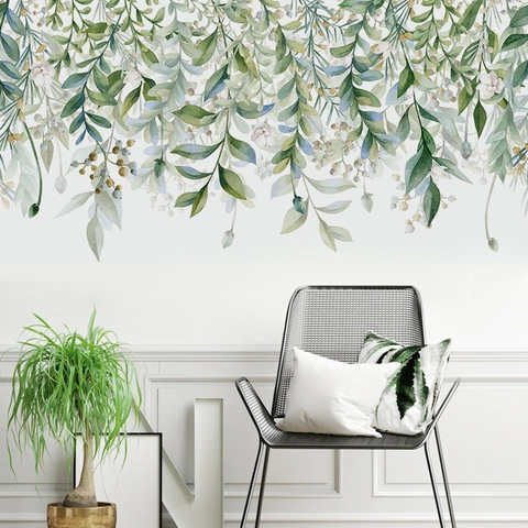 Watercolor Green Leaves Wall Stickers PVC Self-Adhesive Botanical Hanging Vine Wall Decals For Living Room Bedroom Home Decor