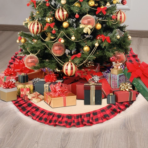 Gonna Per Albero Di Natale Iuta Lino Motivo A Quadri Bordo Con Volant Rotonda Classica Decorazione Per Feste Rustica