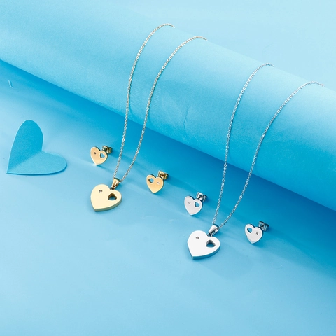 Hollow Heart Jewelry Necklace And Stud Earrings Stainless Steel Inlaid Zircon Sweet Romantic Fashion For Women