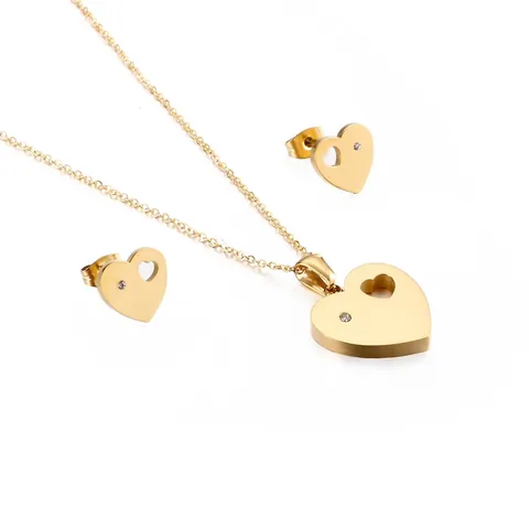 Hollow Heart Jewelry Necklace And Stud Earrings Stainless Steel Inlaid Zircon Sweet Romantic Fashion For Women