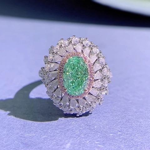 Luxury 925 Sterling Silver Paraiba Color Oval Stone Halo Ring Sunflower Flower Rhinestone Inlaid Ring For Women Wedding Jewelry