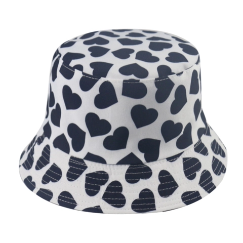 Heart Print Bucket Hat Polyester Cotton Sun Protection Summer Outdoor Casual Beach Sunshade Fisherman Hat