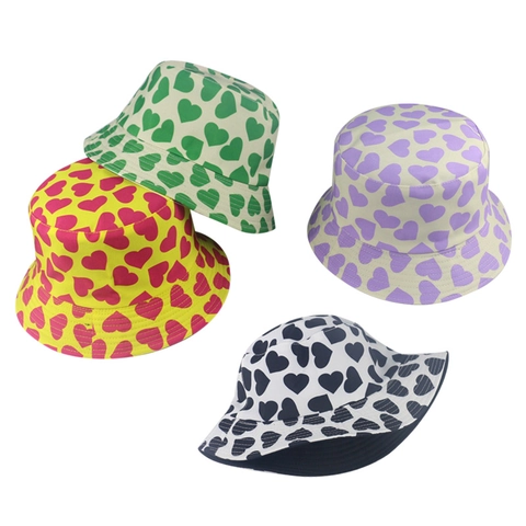 Heart Print Bucket Hat Polyester Cotton Sun Protection Summer Outdoor Casual Beach Sunshade Fisherman Hat