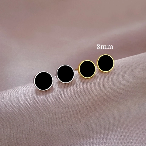 Round Stud Earrings Titanium Steel Black Enamel Minimalist Geometric Jewelry For Men Women