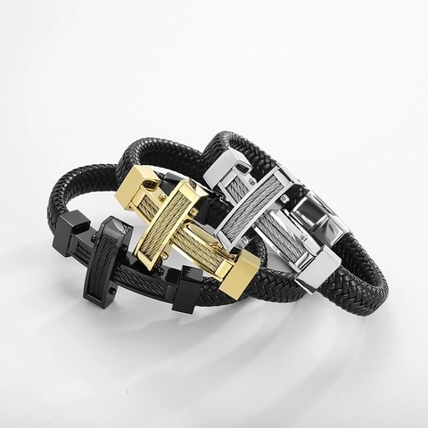 Bracciale Da Uomo In Pelle Intrecciata Con Croce In Acciaio Inossidabile E Intarsio Di Cavi Chiusura Magnetica Punk Vintage