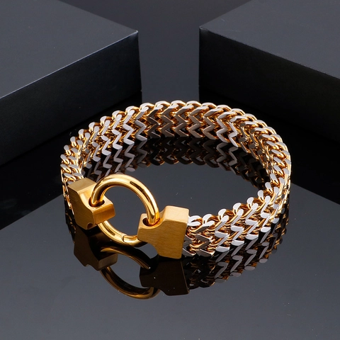 Bracciale Da Uomo In Acciaio Inossidabile Catena Intrecciata Retro Industriale Punk Bicolore Gioielli Osso Di Drago Con Cierre Tondo