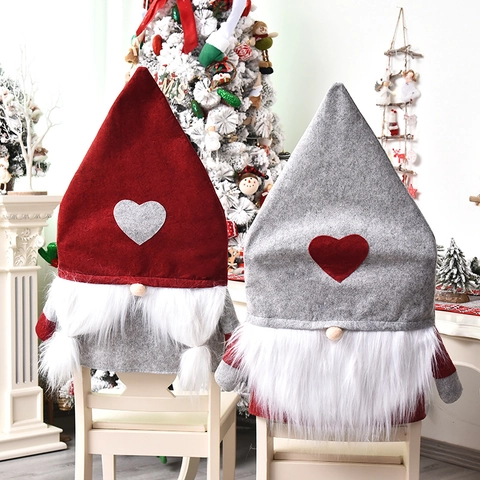 Christmas Gnome Chair Covers Nordic Faceless Old Man Non-Woven Fabric Artificial Fur Dining Room Chair Back Covers Holiday Party Decor