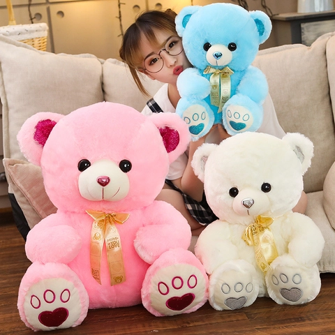 Cute Plush Teddy Bear Soft Stuffed Animal With Ribbon And Heart Embroidery For Kids Girls Birthday Gift Toy