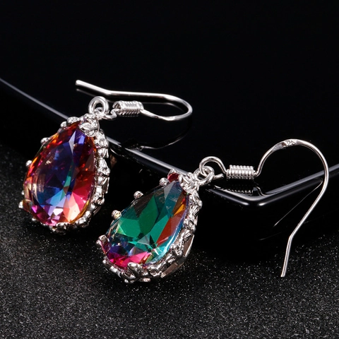 Orecchini Pendenti Vintage Goccia D'acqua Cristallo Arcobaleno Intarsiato Perno In Argento Rame Motivo Floreale Cavo Gioielli Donna