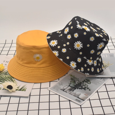 Bucket Hat Mit Gänseblümchen-Stickerei Baumwoll-Canvas Wendbar Sonnenschutz Atmungsaktiv Fischerhut Damen