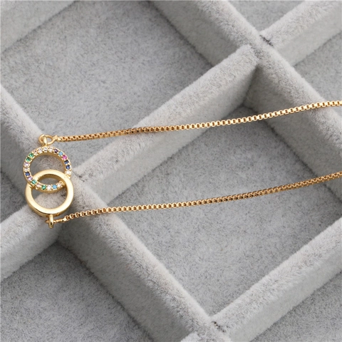 Interlocking Double Ring Pendant Necklace Copper Multi Color Cubic Zirconia Fashion Jewelry For Women