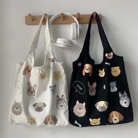 Canvas Tote Bag Cartoon Dog Head Print Large Capacity Shoulder Handbag Casual Harajuku Style Shopping Bag