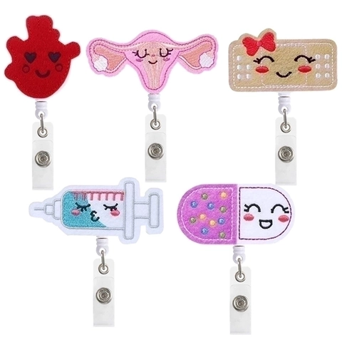 Retractable Badge Reel Holder Felt Embroidery Medical Cartoon Heart Pill Syringe Swivel Alligator Clip For Nurses