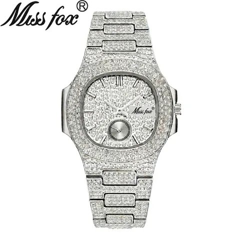 Reloj De Cuarzo De Lujo Para Hombre Con Diamantes De Imitación Correa De Metal Calendario Fecha Estilo Hip Hop Impermeable