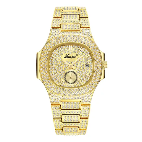 Reloj De Cuarzo De Lujo Para Hombre Con Diamantes De Imitación Correa De Metal Calendario Fecha Estilo Hip Hop Impermeable
