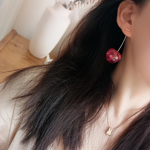 Cherry Drop Earrings Resin With Dried Flowers Steel Earring Post And Alloy Gold Plated Hook Sweet Summer Fruit Style Fashion