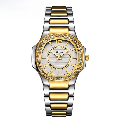 Missfox Mode Femmes Montre à Quartz Lunette en Strass Imperméable Bracelet en Alliage de Métal Luxe Montre-Bracelet pour Dame Cadeau Bijoux