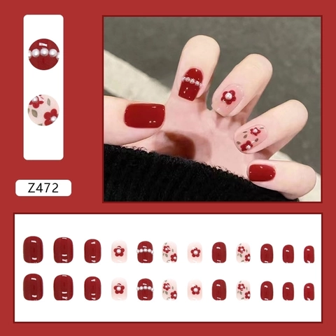 Red Pink 3D Flower Press On Nails With Faux Artificial Pearls Sweet Elegant Festive False Nails For Women Wedding Party Bridal