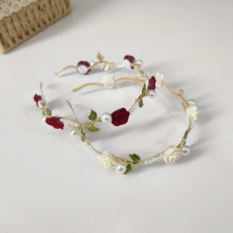 Diadema Elegante De Flor De Rosa Y Perlas Artificiales Aleación De Oro Aro De Pelo Floral Accesorios Vintage Para El Cabello De Mujer