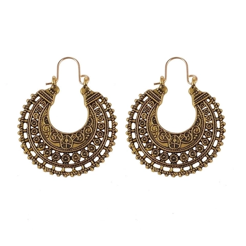 Vintage Bohemian Hollow Out Carved Flower Earrings Alloy Ethnic Geometric Half Round With Steel Earring Post For Women