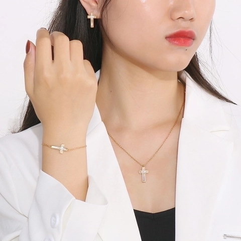 Edelstahl Kreuz Schmuck Perlmutt Inlay Halskette Armband Stecker Ohrringe Minimalistisches Mode Accessoire Für Frauen