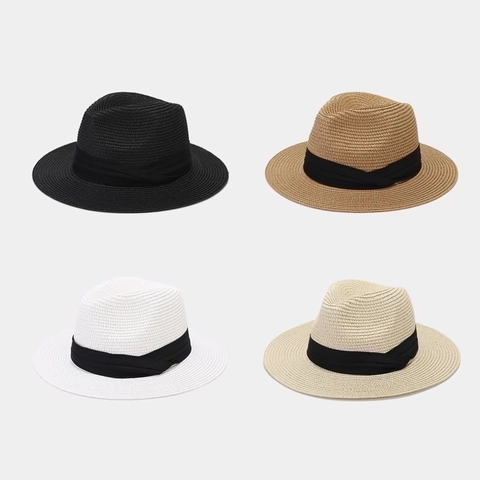 Straw Fedora Hat Paper Woven Panama Sun Hat Foldable Wide Brim Breathable Summer Beach Jazz Cap For Women Men