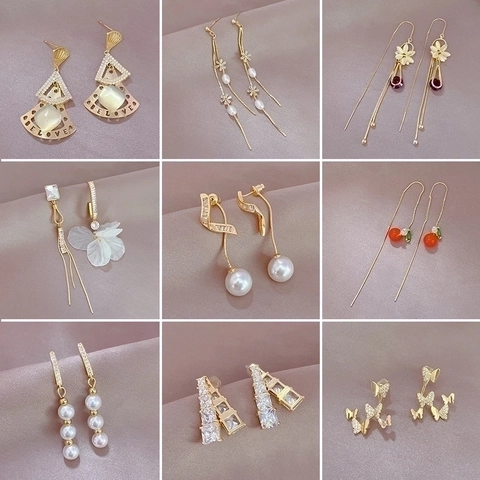 Elegant Copper Earrings Micro Inlaid Zircon Faux Artificial Pearl Tassel Butterfly Geometric Style Silver Earring Post Women
