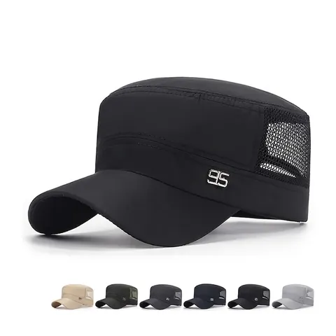 Berretto Cadet In Mesh Traspirante Asciugatura Rapida Poliestere Cappello Piatto Protezione Solare Regolabile Logo Metallico Stile Militare