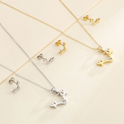 Collana Pendente Corna Di Cervo E Orecchini A Lobo Acciaio Inossidabile Zirconia Elegante Gioielli Per Donna