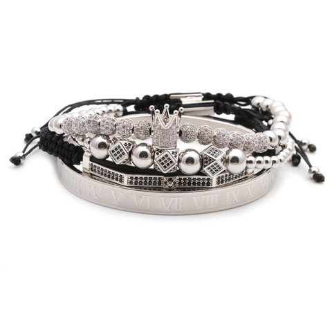 Bracciale Uomo Rame Rigido Perline Corda Intrecciata Gioielli Corona Ciondolo Numeri Romani Zircone Lusso Unisex