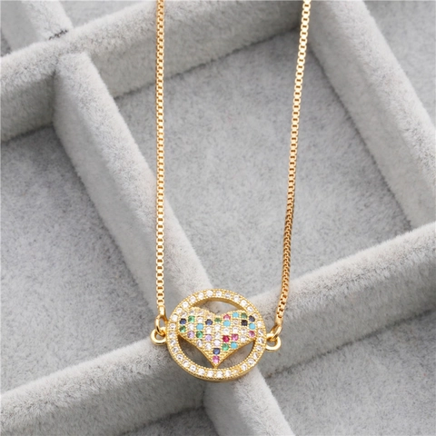 Collar Con Colgante De Corazón Cobre Circón Colorido Micro Incrustación Cadena De Caja Joyería De Moda Para Mujer