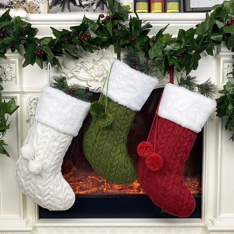 Calza Di Natale Maglia Lana Peluche Pelliccia Sintetica Polsino Pompon Ornamento Appeso Sacchetto Regalo