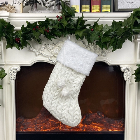 Calza Di Natale Maglia Lana Peluche Pelliccia Sintetica Polsino Pompon Ornamento Appeso Sacchetto Regalo