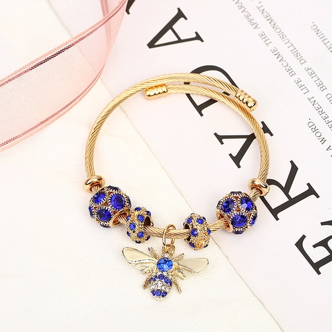 Women Fashion Bee Pendant Bracelet Shiny Rhinestone Beaded Titanium Steel Adjustable Jewelry Elegant Bangle