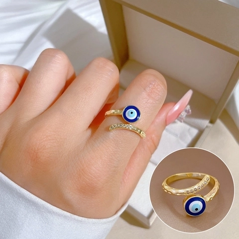 Böser Blick Verstellbarer Ring Messing Echtvergoldet Zirkonia Hammerschlag Optik Offener Ring Damen Schmuck