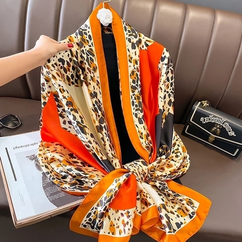 Écharpe Femme Surdimensionnée En Satin Artificielle Imprimé Léopard Color Block Châle Protection Solaire Plage Mode