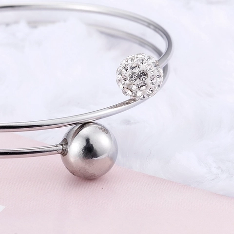 Titanium Steel Double Ring Open Bangle For Women Rhinestone Pave Ball And Smooth Bead Korean Simple Fashion Jewelry