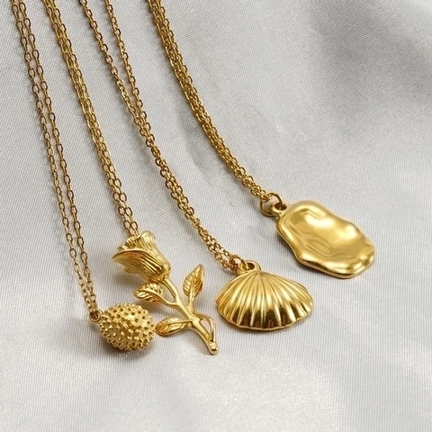 Collar Con Colgante De Rosa Flor Concha Irregular De Acero Inoxidable Chapado En Oro De 18K Joyas Minimalistas Mujer