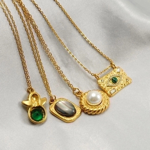 Stainless Steel Pendant Necklace 18K Gold Plated With Artificial Pearl Malachite Zircon Evil Eye Angel Vintage Style For Women